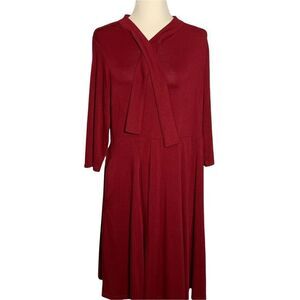 Red Long Sleeve Neck Tie Midi Dress Size XL